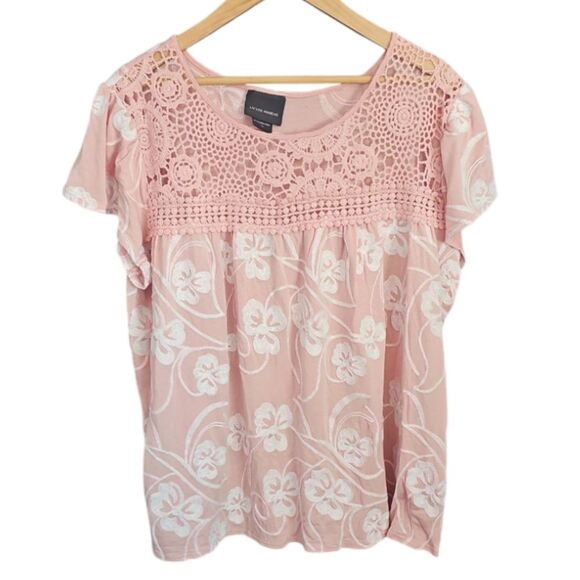 Liv Los Angeles Powder Pink Crochet Lace Embroidered Blouse Sz 1X Boho Flowy - Picture 1 of 15